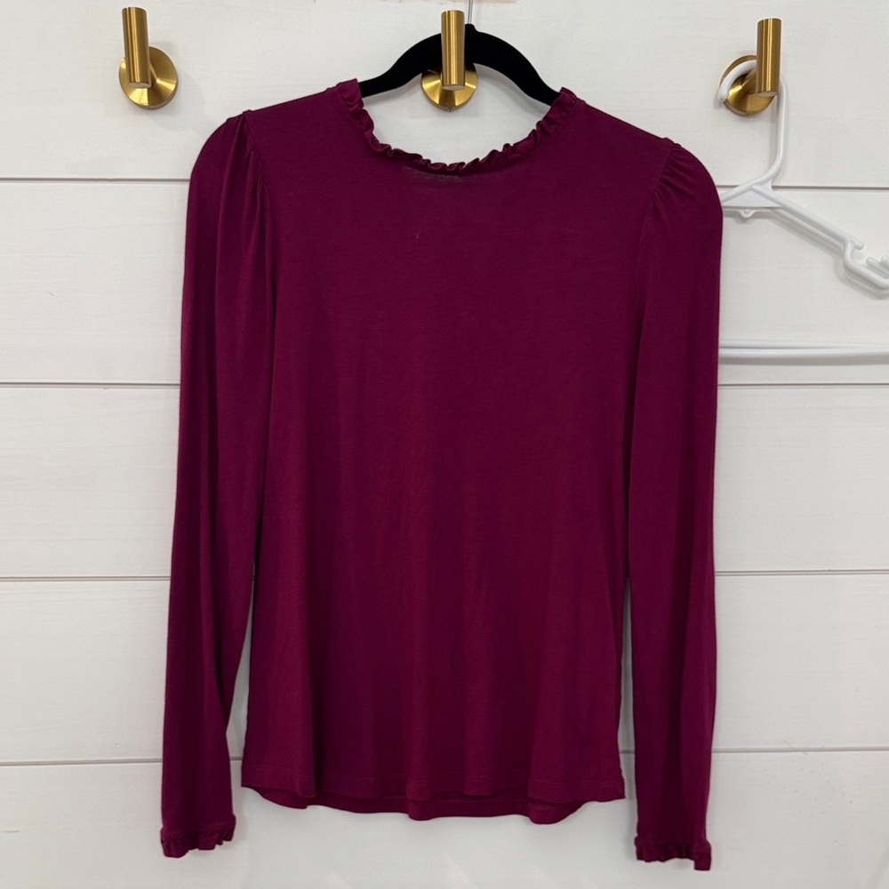 Boden Berry Ruffled Crewneck Long Sleeve Top